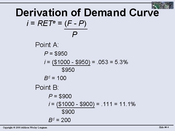 Derivation of Demand Curve i = RETe = (F - P) P Point A: