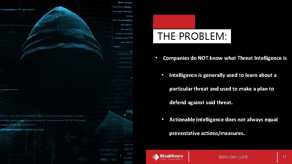 THE PROBLEM: • Companies do NOT know what Threat Intelligence is • Intelligence is