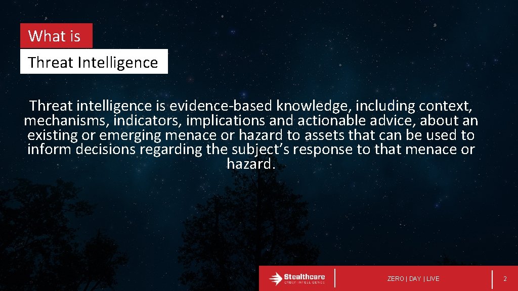 What is Threat Intelligence Threat intelligence is evidence-based knowledge, including context, mechanisms, indicators, implications