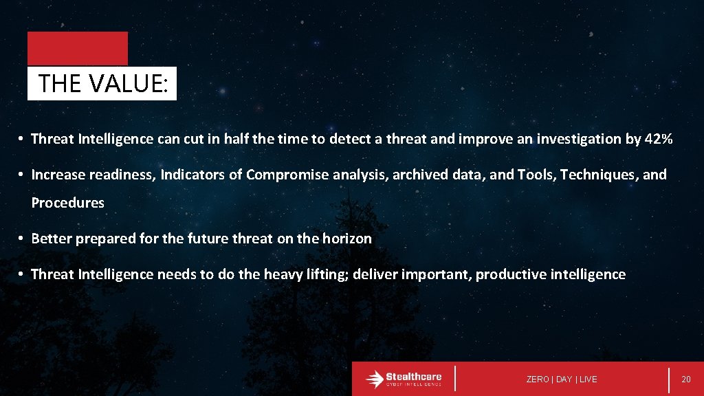 THE VALUE: • Threat Intelligence can cut in half the time to detect a