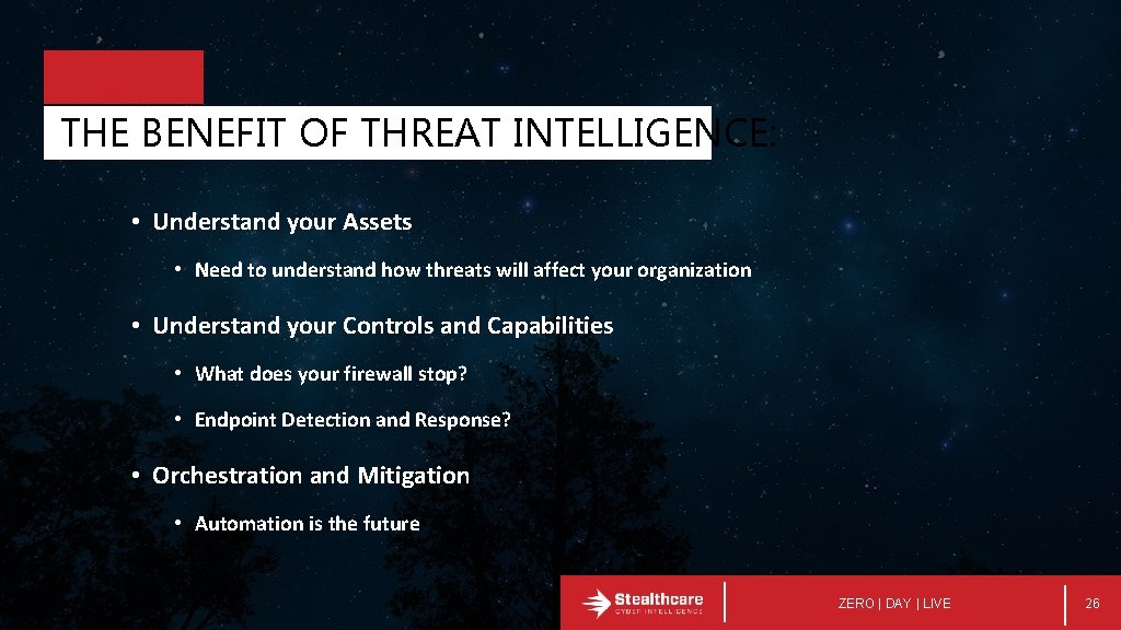 THE BENEFIT OF THREAT INTELLIGENCE: • Understand your Assets • Need to understand how