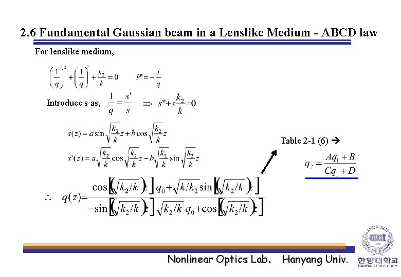 2. 6 Fundamental Gaussian beam in a Lenslike Medium - ABCD law For lenslike