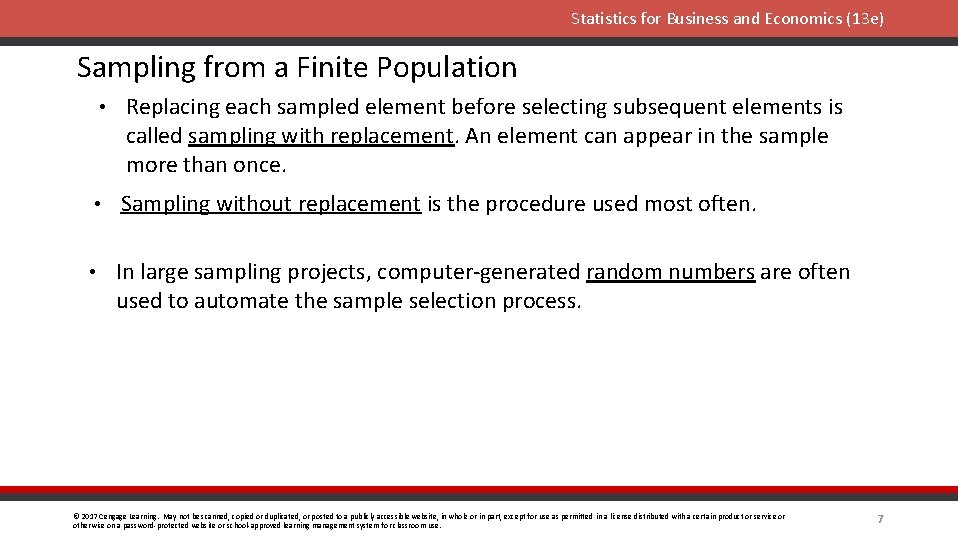 Statistics for Business and Economics (13 e) Sampling from a Finite Population • Replacing