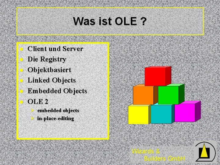 Was ist OLE ? l l l Client und Server Die Registry Objektbasiert Linked