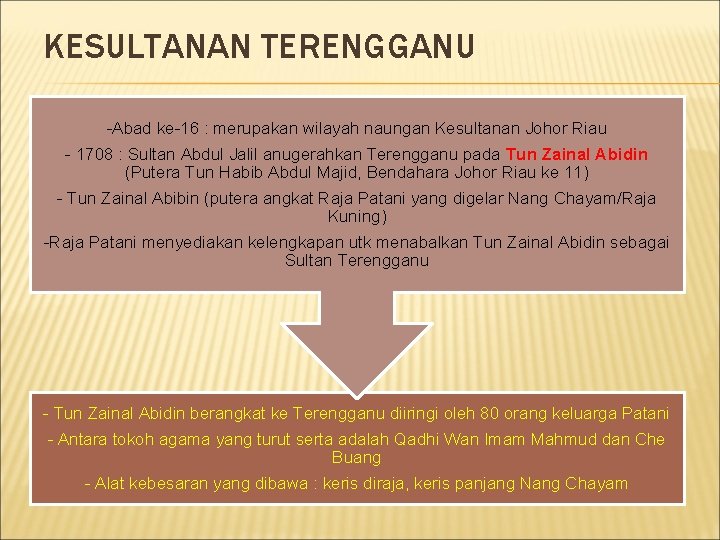 KESULTANAN TERENGGANU -Abad ke-16 : merupakan wilayah naungan Kesultanan Johor Riau - 1708 :