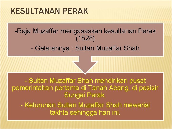 KESULTANAN PERAK -Raja Muzaffar mengasaskan kesultanan Perak (1528) - Gelarannya : Sultan Muzaffar Shah