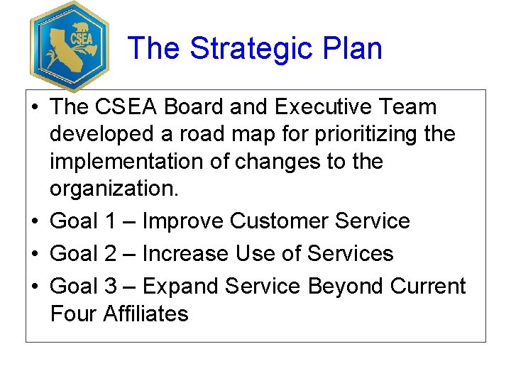The Strategic Plan • The CSEA Board and Executive Team developed a road map