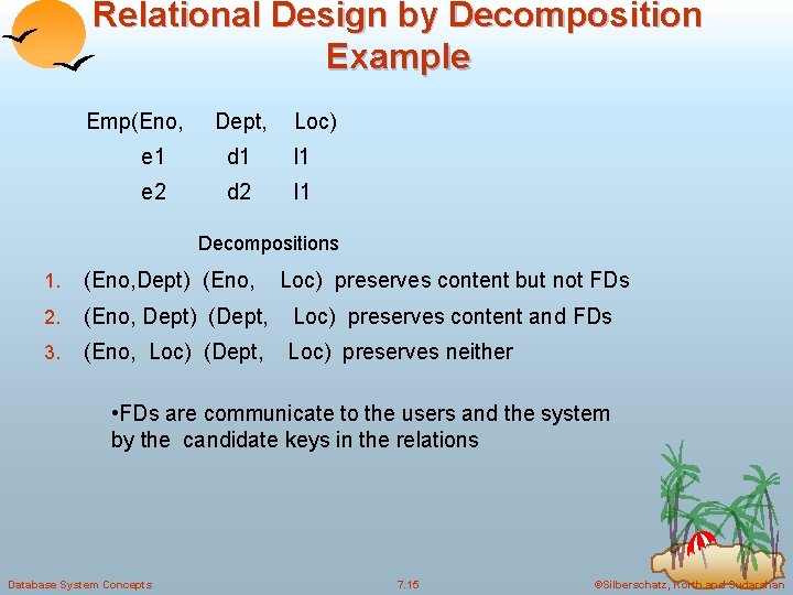 Relational Design by Decomposition Example Emp(Eno, Dept, Loc) e 1 d 1 l 1