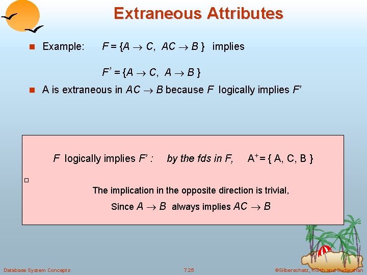 Extraneous Attributes n Example: F = {A C, AC B } implies F’ =