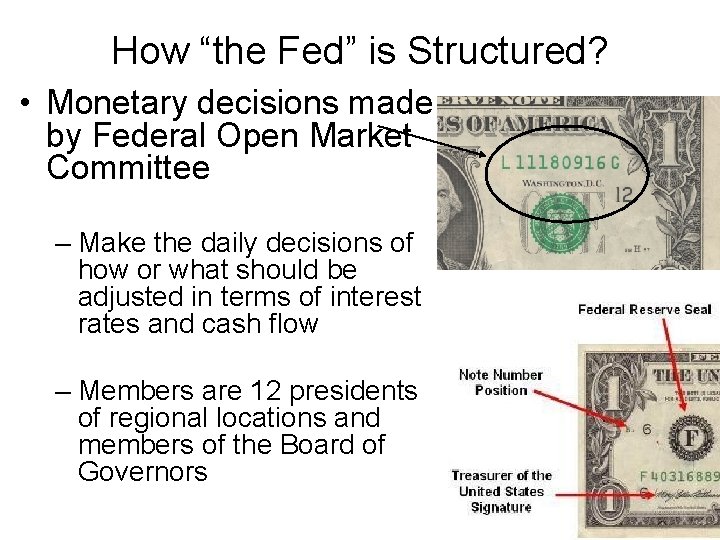 How “the Fed” is Structured? • Monetary decisions made by Federal Open Market Committee