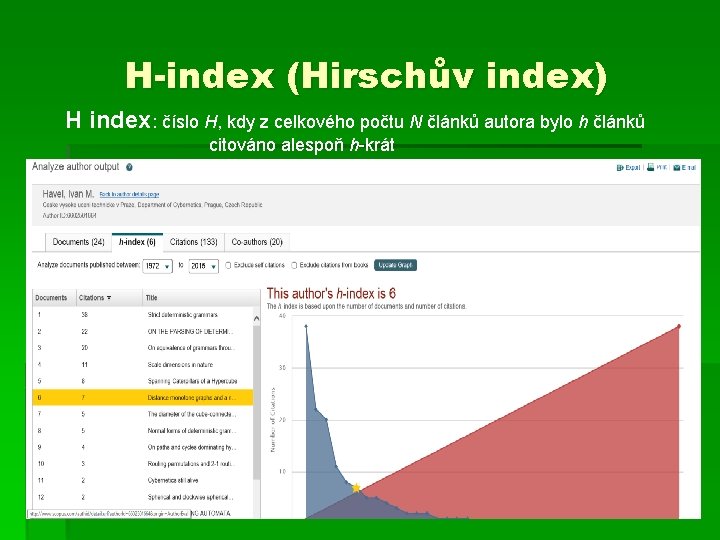 H-index (Hirschův index) H index: číslo H, kdy z celkového počtu N článků autora