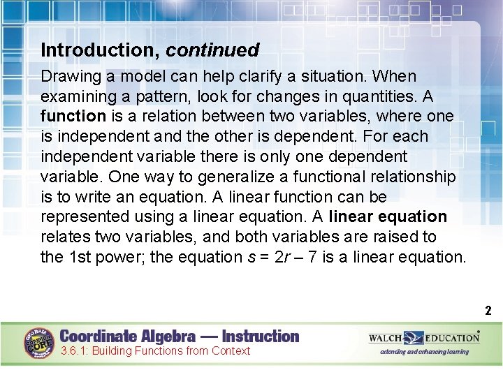 Introduction, continued Drawing a model can help clarify a situation. When examining a pattern,