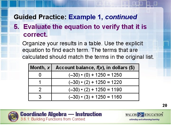 Guided Practice: Example 1, continued 5. Evaluate the equation to verify that it is