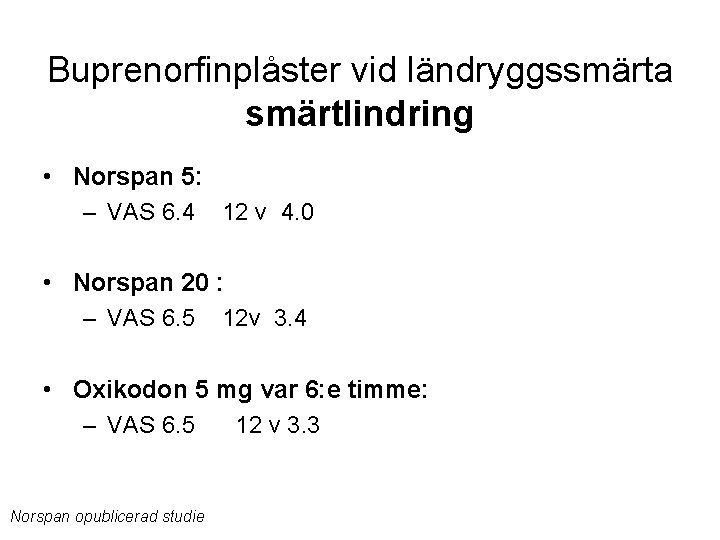 Buprenorfinplåster vid ländryggssmärta smärtlindring • Norspan 5: – VAS 6. 4 12 v 4.