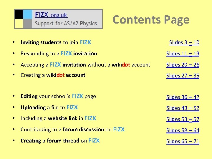 Contents Page • Inviting students to join FIZX Slides 3 – 10 • Responding