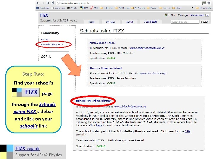 Step Two: Find your school’s page through the Schools using FIZX sidebar and click