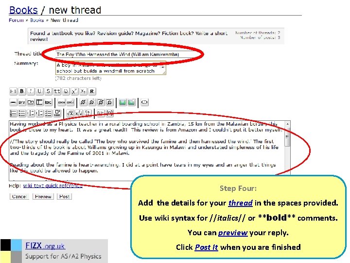 Step Four: Add the details for your thread in the spaces provided. Use wiki