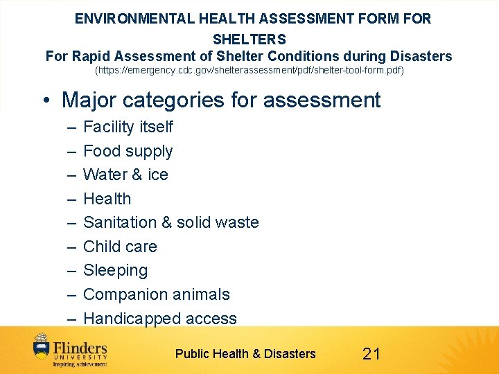 ENVIRONMENTAL HEALTH ASSESSMENT FORM FOR SHELTERS For Rapid Assessment of Shelter Conditions during Disasters