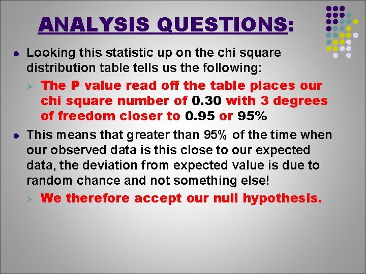 ANALYSIS QUESTIONS: l l Looking this statistic up on the chi square distribution table