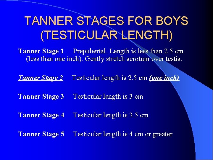 TANNER STAGES FOR BOYS (TESTICULAR LENGTH) Tanner Stage 1 Prepubertal. Length is less than