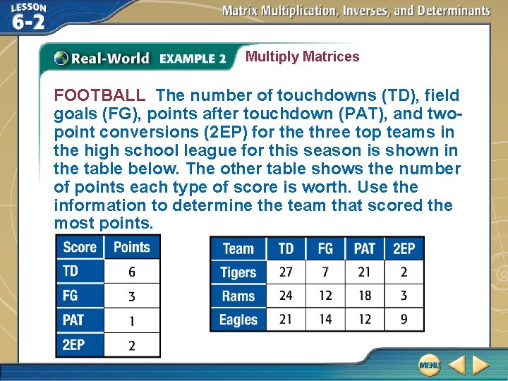 Multiply Matrices FOOTBALL The number of touchdowns (TD), field goals (FG), points after touchdown Multiply Matrices FOOTBALL The number of touchdowns (TD), field goals (FG), points after touchdown