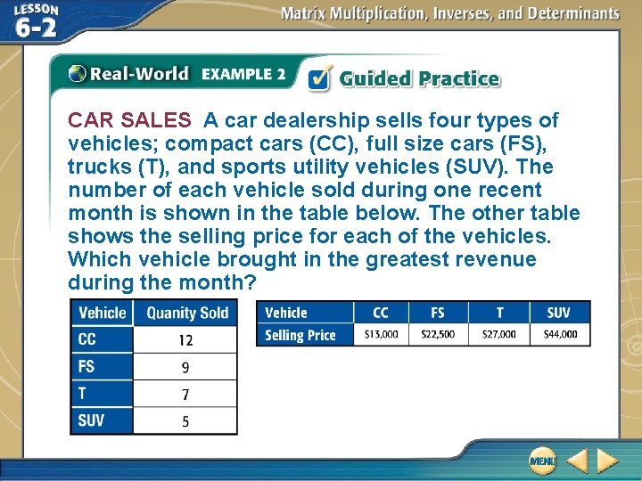 CAR SALES A car dealership sells four types of vehicles; compact cars (CC), full CAR SALES A car dealership sells four types of vehicles; compact cars (CC), full