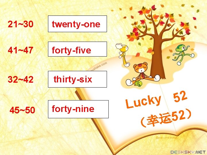 21~30 twenty-one 41~47 forty-five 32~42 thirty-six 45~50 forty-nine 2 5 y Luck ） 2