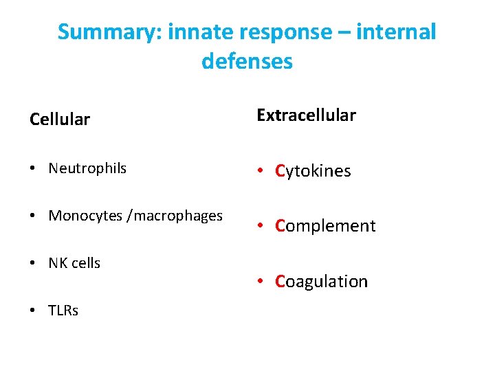 Summary: innate response – internal defenses Cellular Extracellular • Neutrophils • Cytokines • Monocytes