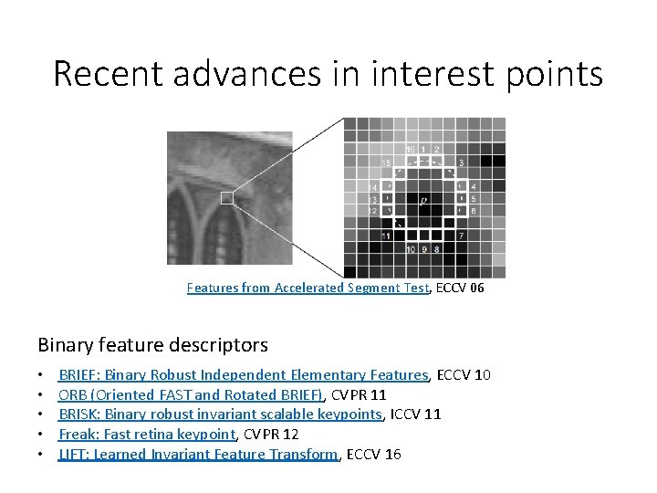 Recent advances in interest points Features from Accelerated Segment Test, ECCV 06 Binary feature