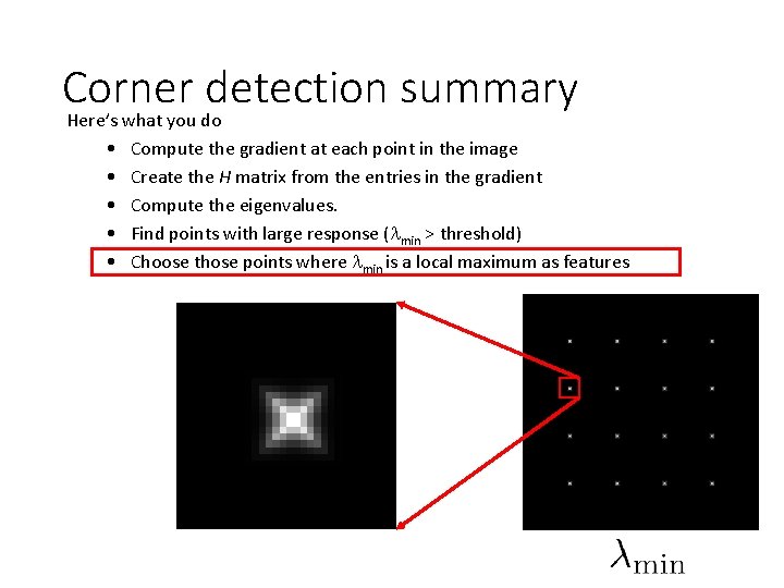 Corner detection summary Here’s what you do • Compute the gradient at each point