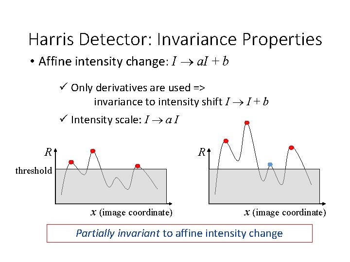 Harris Detector: Invariance Properties • Affine intensity change: I a. I + b ü