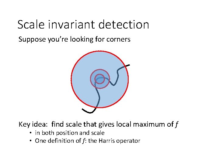 Scale invariant detection Suppose you’re looking for corners Key idea: find scale that gives