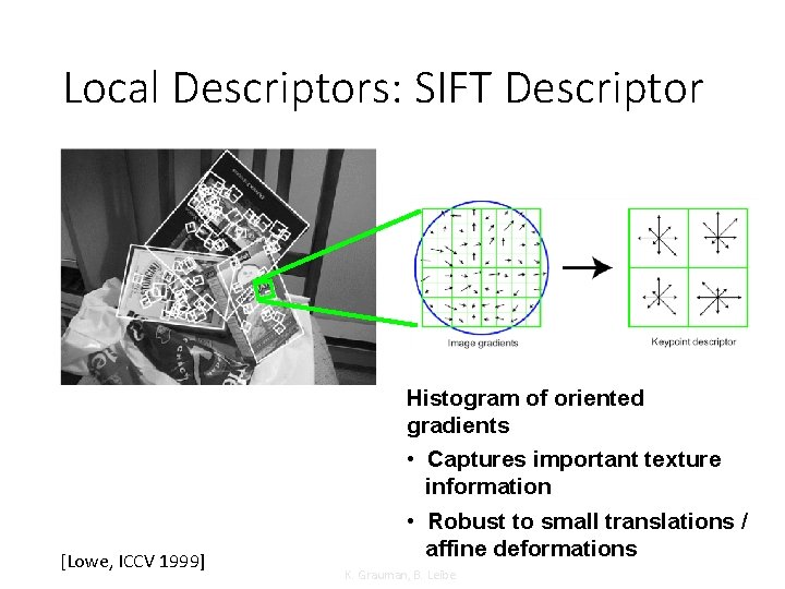 Local Descriptors: SIFT Descriptor [Lowe, ICCV 1999] Histogram of oriented gradients • Captures important