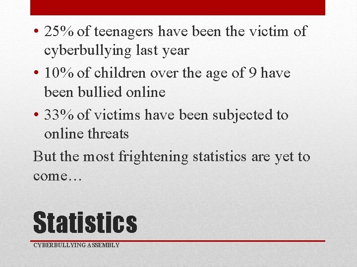  • 25% of teenagers have been the victim of cyberbullying last year •