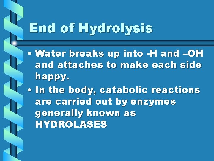 End of Hydrolysis • Water breaks up into -H and –OH and attaches to