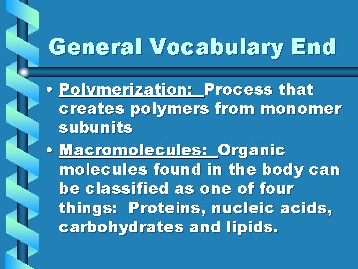 General Vocabulary End • Polymerization: Process that creates polymers from monomer subunits • Macromolecules: