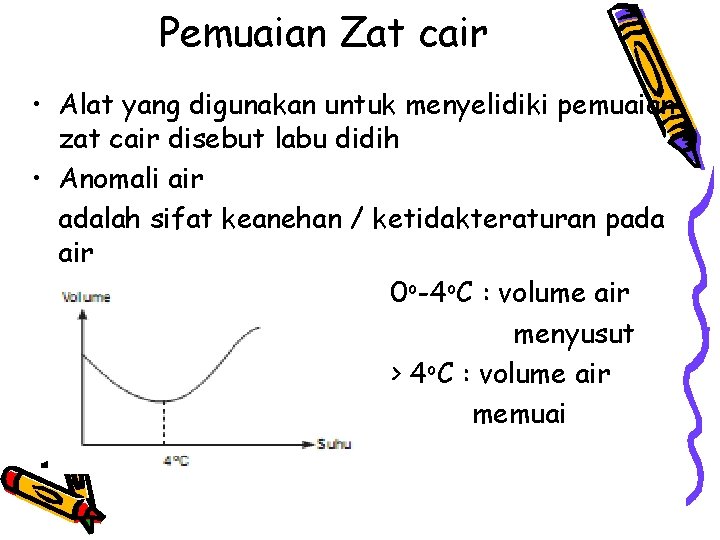 Pemuaian Zat cair • Alat yang digunakan untuk menyelidiki pemuaian zat cair disebut labu