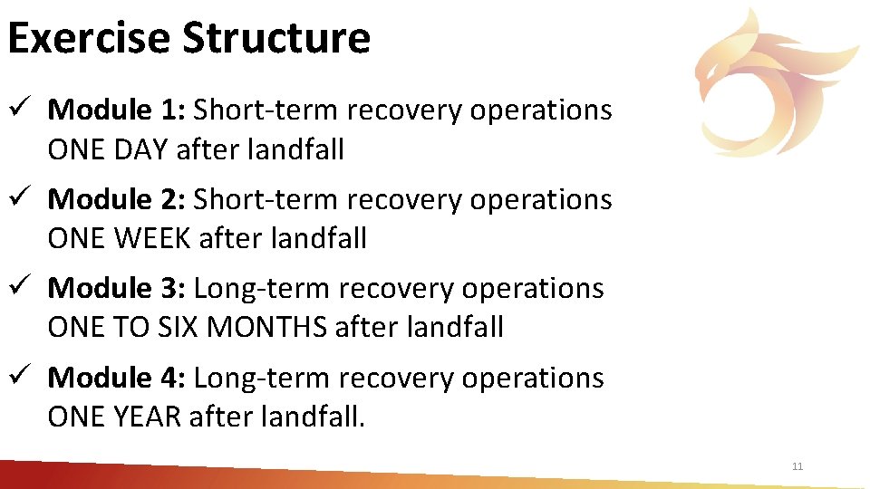 Exercise Structure ü Module 1: Short‐term recovery operations ONE DAY after landfall ü Module