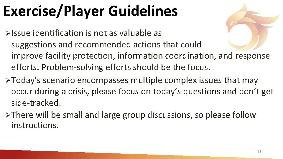 Exercise/Player Guidelines Ø Issue identification is not as valuable as suggestions and recommended actions