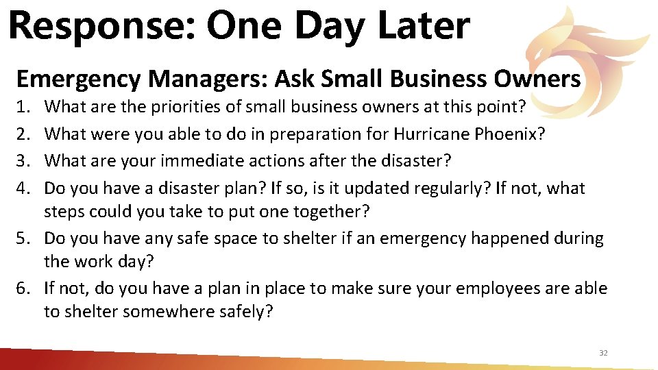 Response: One Day Later Emergency Managers: Ask Small Business Owners 1. 2. 3. 4.