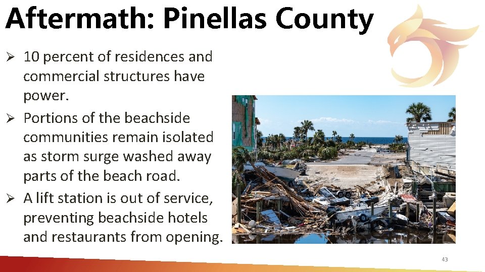 Aftermath: Pinellas County 10 percent of residences and commercial structures have power. Ø Portions