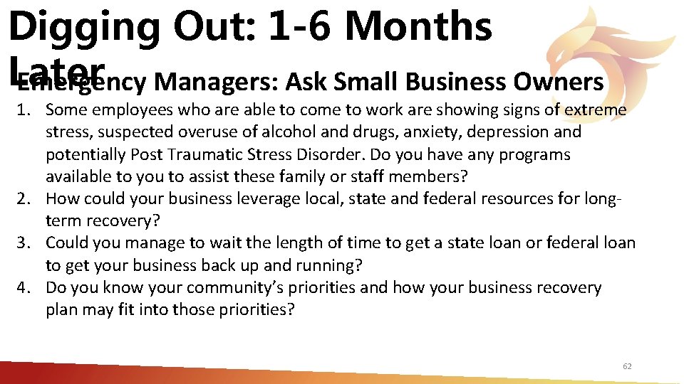 Digging Out: 1 -6 Months Later Emergency Managers: Ask Small Business Owners 1. Some