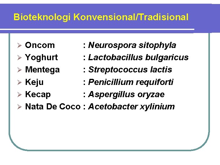 Bioteknologi Konvensional/Tradisional Ø Ø Ø Oncom : Neurospora sitophyla Yoghurt : Lactobacillus bulgaricus Mentega