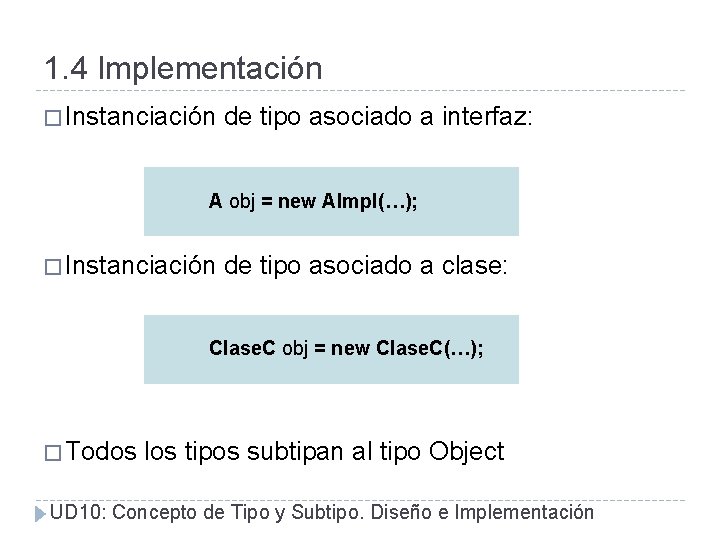 1. 4 Implementación � Instanciación de tipo asociado a interfaz: A obj = new