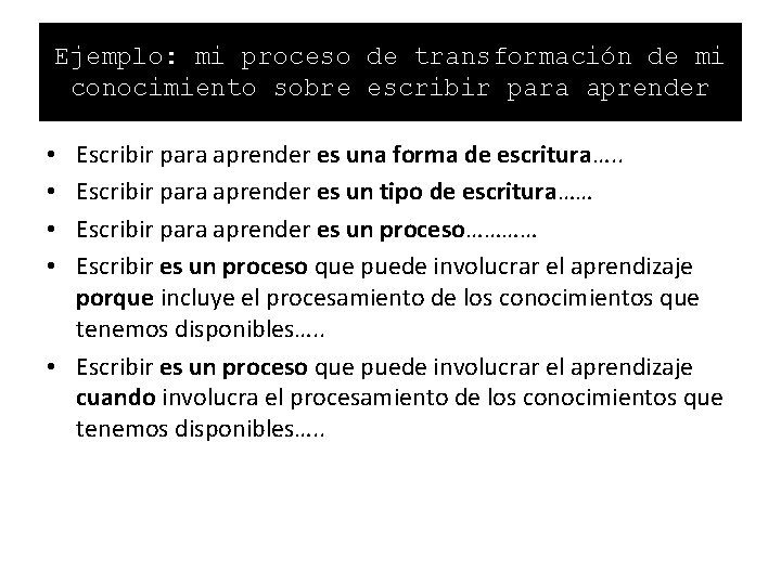 Ejemplo: mi proceso de transformación de mi conocimiento sobre escribir para aprender Escribir para