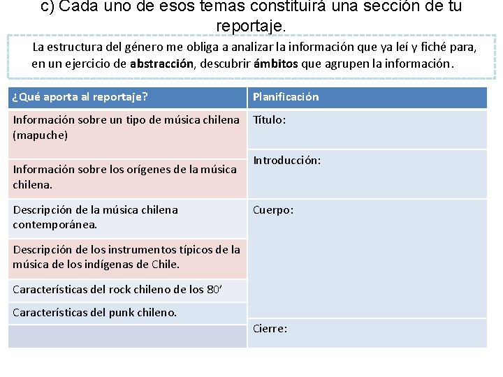 c) Cada uno de esos temas constituirá una sección de tu reportaje. La estructura