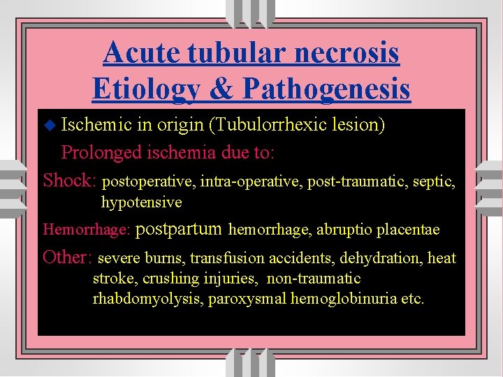 Acute tubular necrosis Etiology & Pathogenesis u Ischemic in origin (Tubulorrhexic lesion) Prolonged ischemia