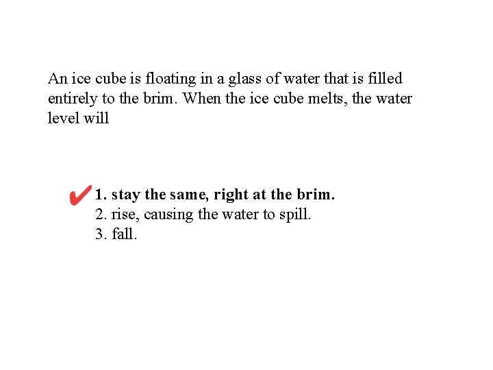 An ice cube is floating in a glass of water that is filled entirely