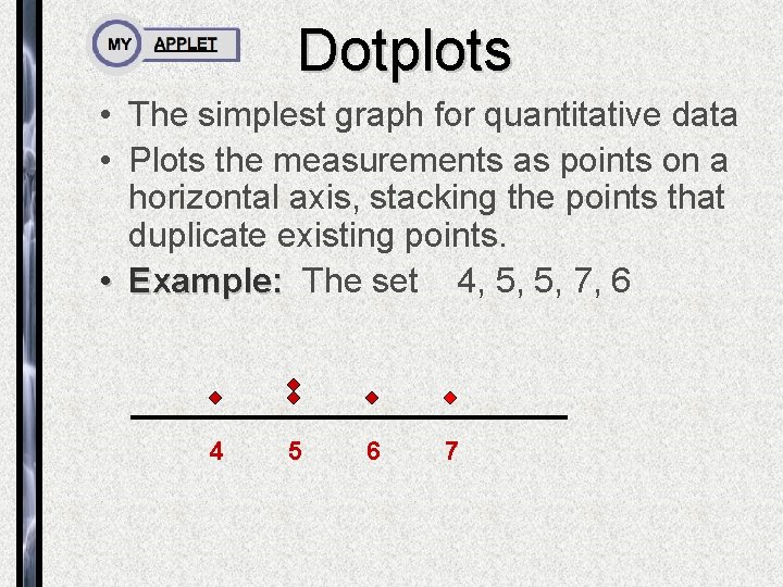 Dotplots • The simplest graph for quantitative data • Plots the measurements as points