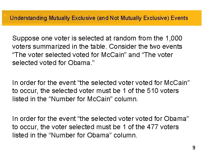 Understanding Mutually Exclusive (and Not Mutually Exclusive) Events Suppose one voter is selected at